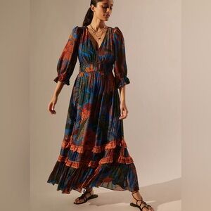 Anthropologie Farm Rio Puff Sleeve Maxi Dress Size Medium